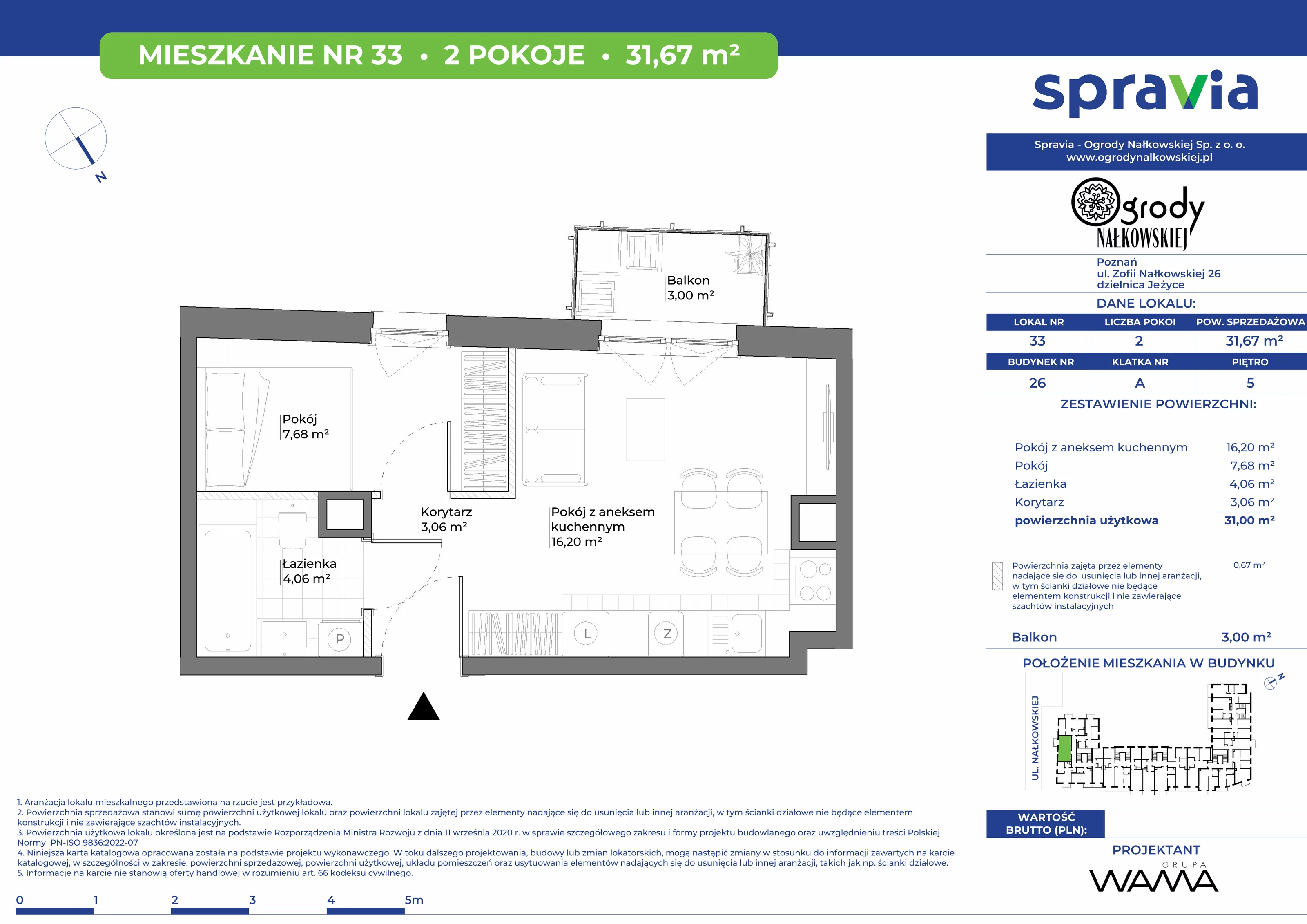 2 pokoje, mieszkanie 31,67 m², piętro 5, oferta nr 26-33, Ogrody Nałkowskiej, Poznań, Ogrody, ul. Nałkowskiej 24, 26